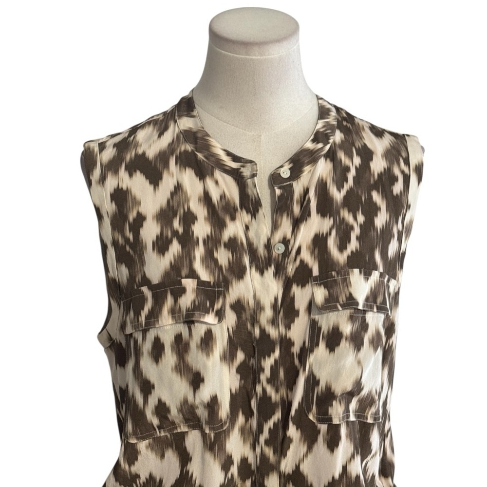 VINCE Ikat Print Cargo 100% Silk Midi Dress Brown Cream Sleeveless Size M Casual - Picture 5 of 10